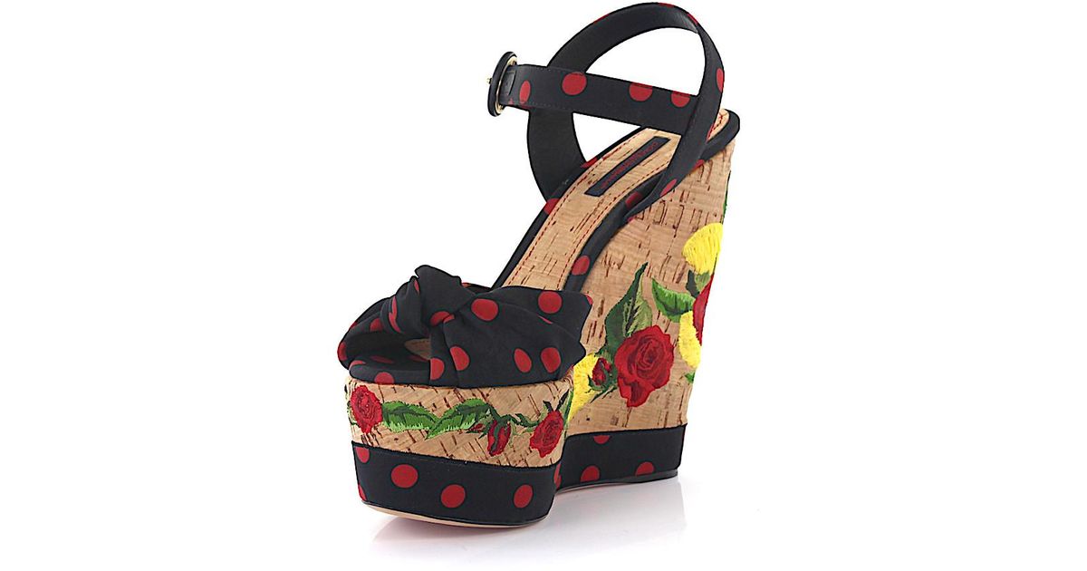 Lyst Dolce Gabbana Polka Dot Canvas And Embroidered Cork Wedge