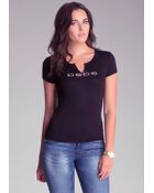 Bebe Split Neck Graphic Tee - Lyst