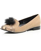 River Island Beige Snake Print Pom Pom Slipper Shoes - Lyst