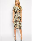 Asos Pencil Dress With Waterfall Detail In Pretty Digital Floral - Lyst