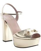Gucci Gold Leather Horsebit Detail Platform Peep Toe Pumps - Lyst