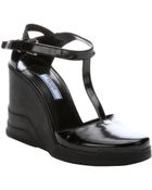 Prada Black Leather 'Spazzolato' T-Strap Wedge Sandals - Lyst