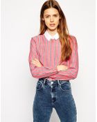 Asos Long Sleeve Shirt In Stripe With Contrast Plain Collar - Lyst