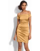 Betsy & Adam Off Shoulder Stretch Satin Sheath Dress - Lyst