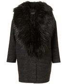 Topshop Tweed Faux Fur Collar Boyfriend Coat - Lyst