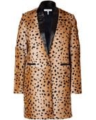 Sandro Camel Leopard Print Goat Hair Coat with Leather Trim - Lyst