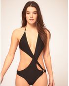 Asos Asymmetric Cut Out Swimsuit With Ring Detail - Lyst