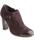 Tod's Chocolate Suede Cap Toe Stacked Heel Booties - Lyst
