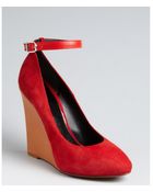 Celine Red Suede Ankle Strap Colorblock Wedge Pumps - Lyst