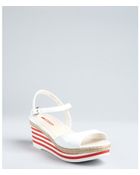 Prada White Patent Leather Buckle Striped Wedge Sandals - Lyst