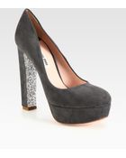 Miu Miu Suede and Glitter Platform Pumps - Lyst