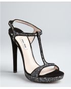 Miu Miu Black And Silver Glitter Suede Strappy Heel Sandals - Lyst