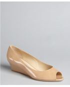 Jimmy Choo Nude Patent Leather Bergen Peep Toe Wedges - Lyst
