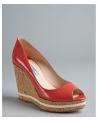 Prada Coral Patent Leather Peep Toe Cork Wedges - Lyst