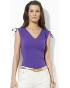 Lauren by Ralph Lauren Ruched V-neck Cotton Tee - Lyst