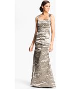 Nicole Miller Open Back Pleated Metallic Trumpet Gown - Lyst