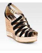 Jimmy Choo Woven Metallic Leather Suede Cork Wedges - Lyst