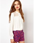 French Connection Lace Insert Pussy Bow Shirt - Lyst