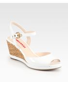 Prada Patent Leather Wicker Wedge Sandals - Lyst