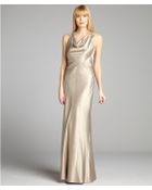 Kay Unger Gold Satin Cowl Neck Sleeveless Embellished Back Gown - Lyst