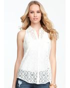 Bebe Sleeveless Lace Button Up Blouse - Lyst