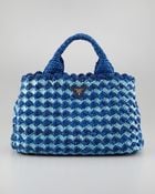 Prada Bicolor Crocheted Raffia Medium Tote Bag - Lyst