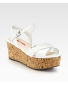 Prada Patent Leather Cork Wedge Sandals - Lyst