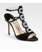 Manolo Blahnik Suw Jeweled Satin Sandals - Lyst