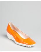 Tod's Tangerine Patent Leather Square Toe Wedges - Lyst