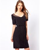 Ganni Silk Dress with Lace Panel and Tie Waist - Lyst