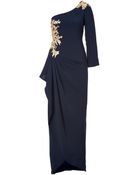 Marchesa Silk Embellished One Shoulder Gown In Navy - Lyst