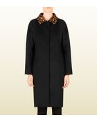 Gucci Black Wool Coat with Jaguar Print Leather Collar - Lyst