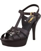 Saint Laurent Tribute Low-Heel Leather Sandal Chocolate - Lyst