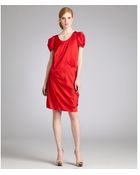 Balenciaga Red Satin Pleat Sleeve Drop Waist Dress - Lyst