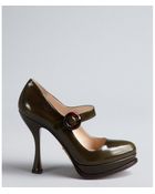 Prada Military Green Shined Leather Buckle Flared Heel Platform Mary Janes - Lyst