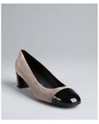 Tod's Khaki Suede and Patent Cap Toe Block Heel Pumps - Lyst
