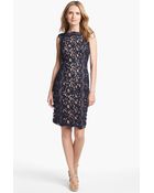 Tadashi Shoji Side Ruched Lace Sheath Dress - Lyst