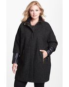 Vince Camuto Faux Leather Sleeve Bouclé Tweed Coat - Lyst