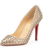 Christian Louboutin Pigalle Spikes Red Sole Pump Beigegold - Lyst