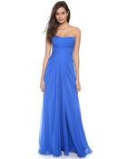 Monique Lhuillier Strapless Draped Gown With Front Slit - Cobalt - Lyst