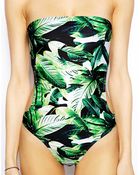 Asos Leaf Print Cut Out Bandeau Swimsuit - Lyst