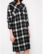 YMC Collarless Checked Coat With Cropped Sleeves - Lyst