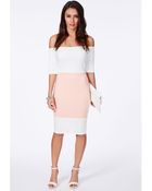 Missguided Belena Nude Bardot Colourblock Dress - Lyst