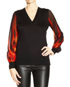Roberto Cavalli Sweater V Neck Wool With Sleeve Silk Print Fire Waves - Lyst