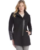 Kensie Black Wool Blend Faux Leather Trimmed Zip Front Coat - Lyst
