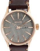 Nixon Pink Gold Sentry Watch Brown Horween Leather Strap - Lyst
