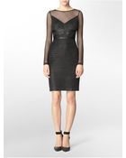 Calvin Klein Sheer Detail Pleated Long Sleeve Dress - Lyst