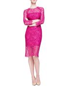 Lela Rose Long-Sleeve Lace Sheath Dress - Lyst