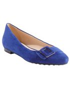 Tod's Blue Suede Pointed Toe Buckle Detail Flats - Lyst