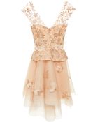 Monique Lhuillier Embroidered Peplum Dress - Lyst